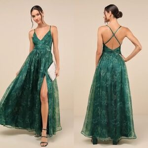 Lulus Romance That Wows Green Floral Print Organza Maxi Dress Wedding Prom